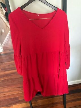 Red V-Neck Tiered Tunic Dress